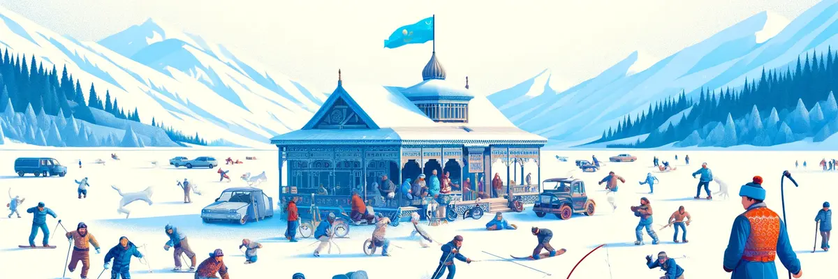 Here is another image for the homepage of your sports and active leisure website, featuring a winter scene with traditional Kazakh sports and activities.